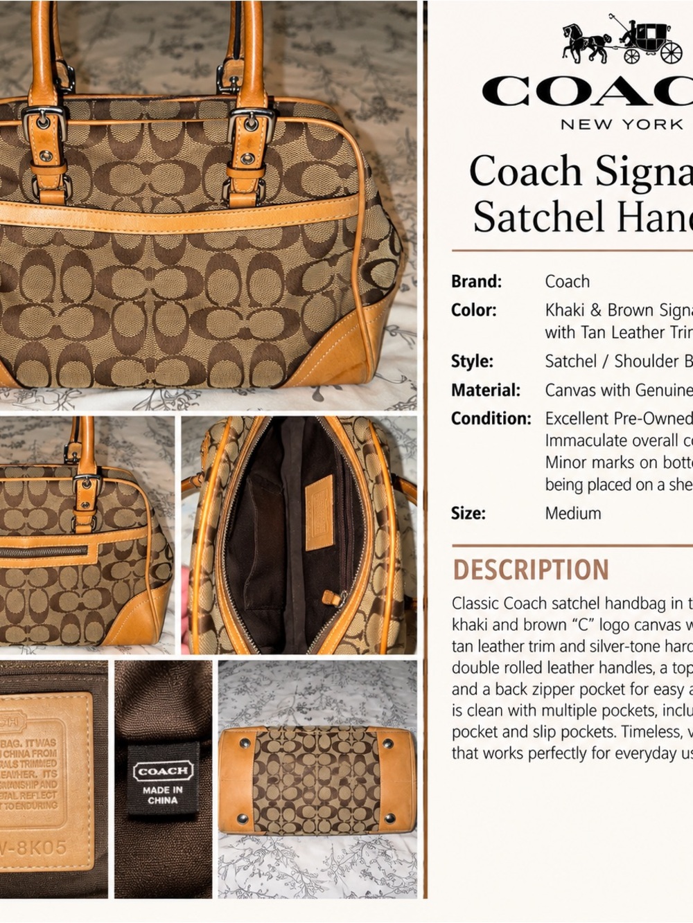 Coach Signature C Khaki Brown Tan Leather Satchel Handbag